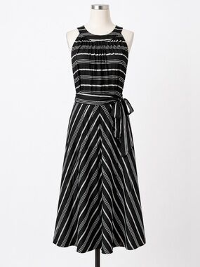 Tommy Hilfiger Halter Midi Dress Crinkle Gauze Belted Striped Black Gray 12 NWOT